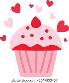 Ilustração 2D de um cupcake Valentine com corações e polvilhos. Uma sobremesa bonita perfeita para ocasiões românticas ou com temática do amor.