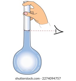 A 2D illustration of visual control of the correct setting of the meniscus in a volumetric flask held in the hand. Convex and concave meniscus