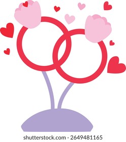 2d illustration of wedding rings with floating hearts. Romantic symbol for marriage, love celebration, and Valentine-themed design elements.
