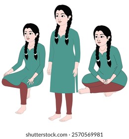 2d Indian girl character set for cartoon animation. Indian young girl model sheet. Indian girl wearing traditional dress. Girl kids character set.