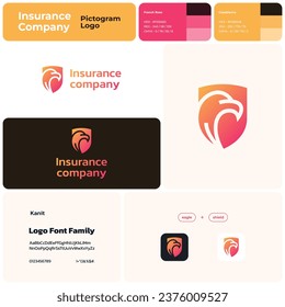 2D insurance company gradient line unique logo with brand name. Eagle and shield icon. Design element. Visual identity. Template with kanit font. Suitable for insurance, risk management.