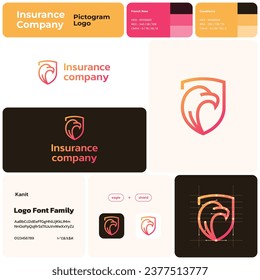 2D insurance company gradient line business logo with brand name. Eagle and shield icon. Design element. Visual identity. Template with kanit font. Suitable for insurance, financial protection.