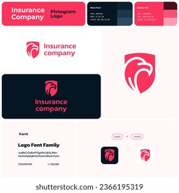 2D insurance company linear business logo with brand name. Eagle and shield icon. Unique design element. Visual identity. Template with kanit font. Suitable for insurance, financial management.