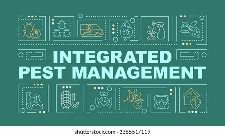 2D integrated pest management text with various thin line icons concept on dark green monochromatic background, editable 2D vector illustration.