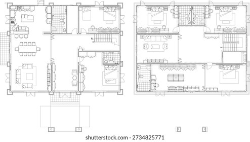 2D Interior Design Drawing of Two-Story Residential House with Furniture Layout and Functional Equipment