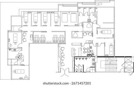 2D Interior Drawing Layout of Traditional Thai Massage, Waiting Area, and Bathroom in Vector Format