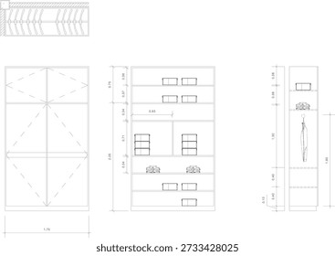 2D Interior Drawing of Small Wardrobe with Height and Width Dimensions and Section for Construction