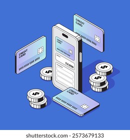 2d isometric online shopping and financial concept, mobile creditcard and coins illustration, icon and symbol set	