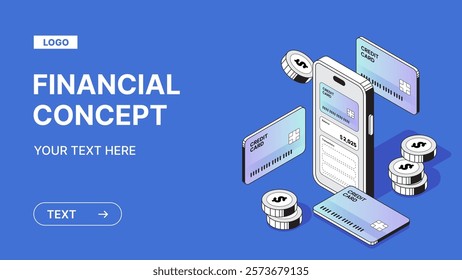 2d isometric online shopping and financial concept, mobile creditcard and coins illustration, icon and symbol set, presentation template design	
