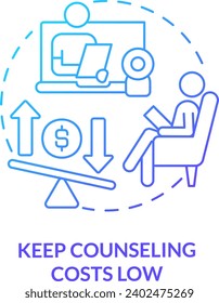 2D keep counseling costs low thin line gradient icon concept, isolated vector, blue illustration representing online therapy.