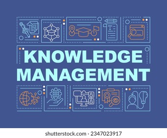 2D knowledge management text with various icons on dark monochromatic background, vector illustration.