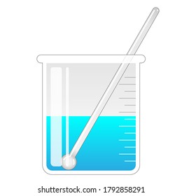 2D Laboratory Equipment Cartoon Vector - Glass Beaker With Glass Stirring Rod Stick Icon Isolated On White Background