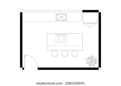 2d layout of kitchen furniture plan of interior design, black lines on white background, isolated. Set 5