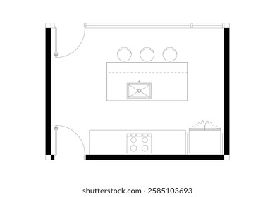 2d layout of kitchen furniture plan of interior design, black lines on white background, isolated. Set 6