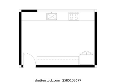 2d layout of kitchen furniture plan of interior design, black lines on white background, isolated. Set 4