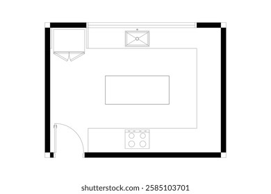 2d layout of kitchen furniture plan of interior design, black lines on white background, isolated. Set 2