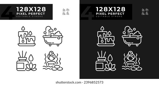 2D light and dark mode icons set representing meditation, editable thin linear wellness illustration.