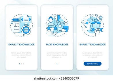 Iconos de línea 2D que representan el conjunto de pantalla de aplicación móvil de gestión de conocimientos. 3 pasos instrucciones gráficas, UI, UX, plantilla GUI.