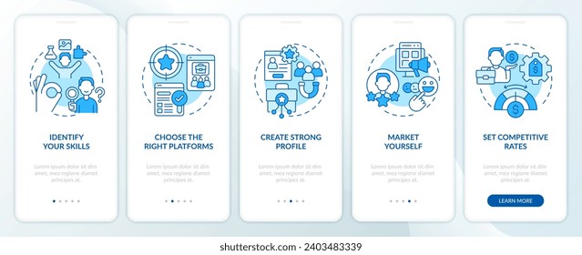 2D linear icons representing architecture of cognitive computing mobile app screen set. Walkthrough 5 steps blue graphic instructions with concept, UI, UX, GUI template.