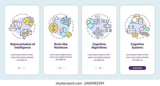 2D linear icons representing architecture of cognitive computing mobile app screen set. Walkthrough 4 steps multicolor graphic instructions with concept, UI, UX, GUI template.