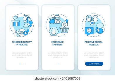 2D linear icons representing arguments for abolishing the pink tax mobile app screen set. Walkthrough 3 steps blue graphic instructions with concept, UI, UX, GUI template.