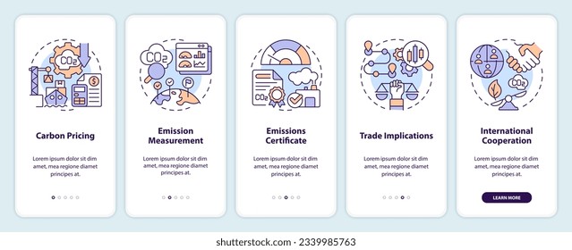 2D linear icons representing carbon border adjustment mobile app screen set. 5 steps graphic instructions, UI, UX, GUI template.
