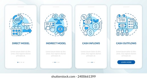 2D linear icons representing cash flow forecasting monochromatic mobile app screen set. Walkthrough 4 steps blue graphic instructions with concept, UI, UX, GUI template.