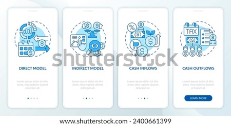 2D linear icons representing cash flow forecasting monochromatic mobile app screen set. Walkthrough 4 steps blue graphic instructions with concept, UI, UX, GUI template.