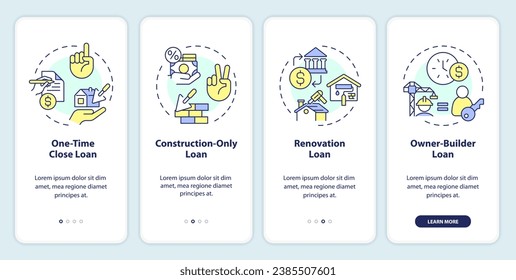 2D linear icons representing construction cost mobile app screen set. Walkthrough 4 steps multicolor graphic instructions with concept, UI, UX, GUI template.