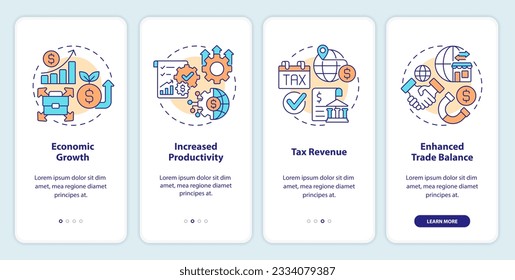 2D linear icons representing foreign direct investment mobile app screen set. 4 steps editable graphic instructions, UI, UX, GUI template.