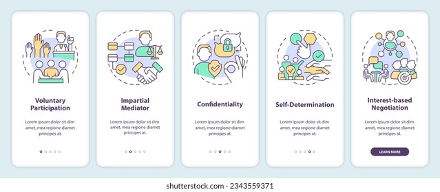 2D linear icons representing lobbying government mobile app screen set. 5 steps graphic instructions, UI, UX, GUI template.