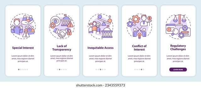 2D linear icons representing lobbying government mobile app screen set. 5 steps graphic instructions, UI, UX, GUI template.