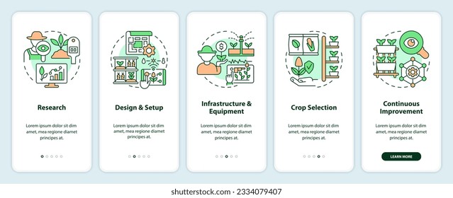 2D linear icons representing vertical farming mobile app screen set. 5 steps graphic instructions, UI, UX, GUI template.