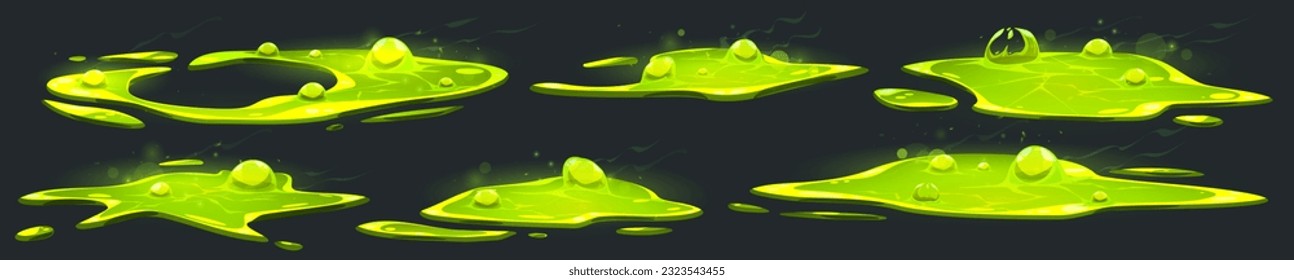 2d liquid toxic puddle and bubble effect isolated vector game fx icon. Isometric molten poison spill drip shape png illustration with mist set. Green phlegm droplet on surface with steam texture