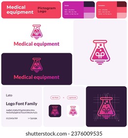 2D medical equipment business logo with brand name. Lab flask and lightbulb icon. Design element and visual identity. Editable template with lato font. Suitable for medical, laboratory, healthcare.