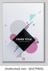 2d memphis front cover background with white, purple, blue and grey geometrical shapes. Minimalistic front page texture. Colorful title page pattern for corporate notebook, dairy or notepad.