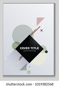 2d memphis front cover background with white, dark green, red and ice cream beige geometrical shapes. Front page theme. Colorful title page background for corporate notebook, dairy or notepad.