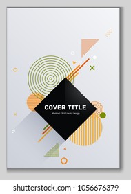 2d memphis front cover background with white, orange, green and red geometrical shapes. Minimalistic front page texture. Colorful title page pattern for journalistic notebook, dairy or notepad.