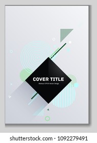 2d memphis front cover background with white geometrical shapes. Minimalistic front page tile. Colorful title page background for business notebook, dairy or notepad.