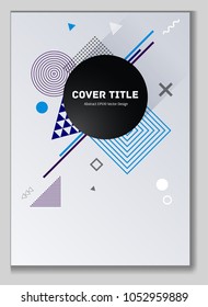 2d memphis notepad cover background. Cool memphis tile front page with white, blue, violet and grey geometrical shapes. Memphis notepad cover background for student purpose.