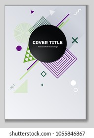 2d memphis notepad cover background. Cool memphis template front page with white, green, purple and jade geometrical shapes. Memphis notepad cover vector for college purpose.