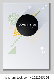 2d memphis notepad cover pattern. Cool memphis texture front page with white, green and orange geometrical shapes. Memphis notepad cover design for marketing purpose.