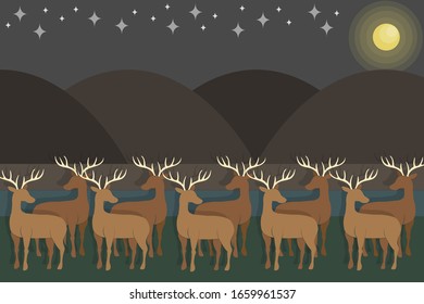 2d minimal paper-like shaded shadowed graphics wallpaper for a herd of overlapping brown deer with beautiful horns staying together in night scenary full of starry night sky and bright full moon