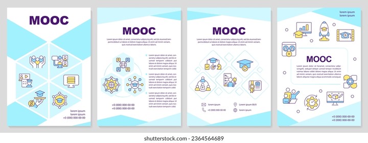 2D MOOC blue brochure template, leaflet design with thin line icons, 4 vector layouts.