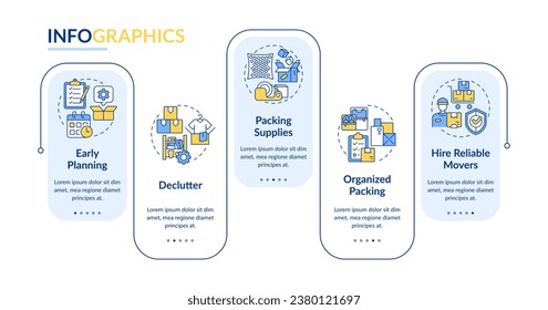 2D moving service vector infographics template with linear icons, data visualization with 5 steps, process timeline chart.