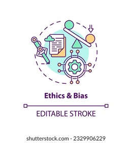 2D multicolor icon representing ethics and bias in AI education, isolated vector illustration, innovation in education.