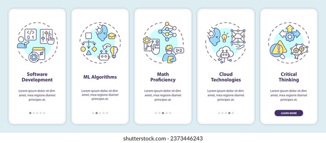 2D multicolor icons representing AI engineer mobile app screen set. Walkthrough 5 steps graphic instructions with thin line icons concept, UI, UX, GUI template.