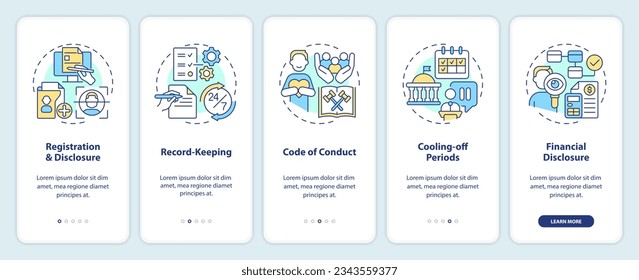 2D multicolor icons representing lobbying government mobile app screen set. 5 steps graphic instructions, UI, UX, GUI template.