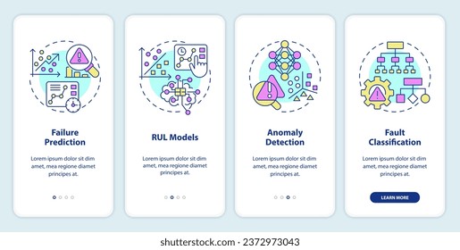 2D multicolor icons representing predictive maintenance mobile app screen set. Walkthrough 4 steps graphic instructions with thin line icons concept, UI, UX, GUI template.