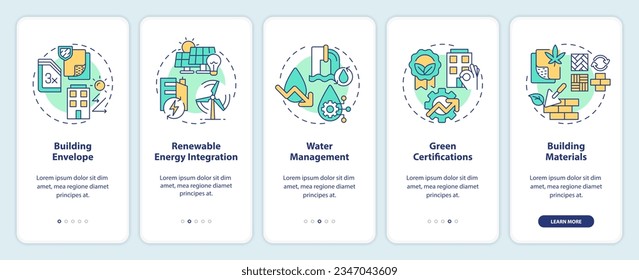 2D multicolor line icons representing sustainable office mobile app screen set. 5 steps graphic instructions, UI, UX, GUI template.